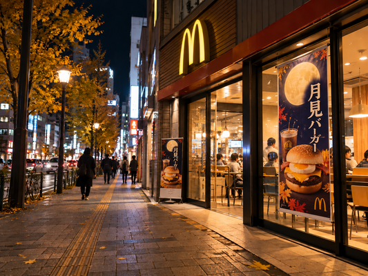 A Japanese street in autumn with a seasonal Tsukimi Burger display