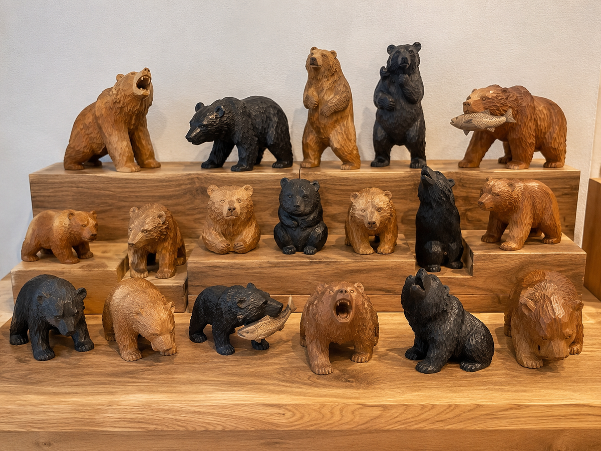 Hand-Carved Hokkaido Bear - Natural Wood - Large