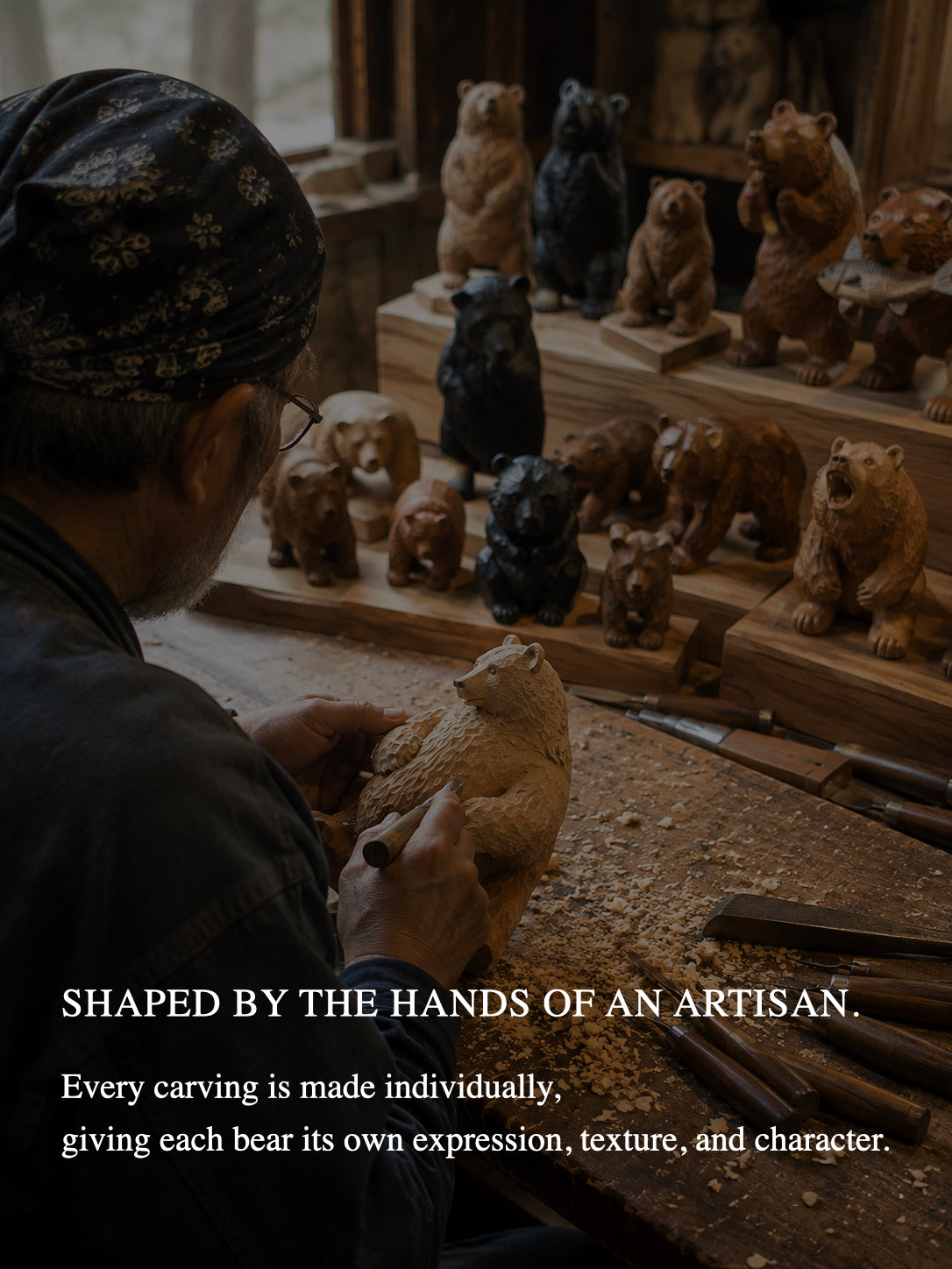 Hand-Carved Hokkaido Bear - Natural Wood - Large